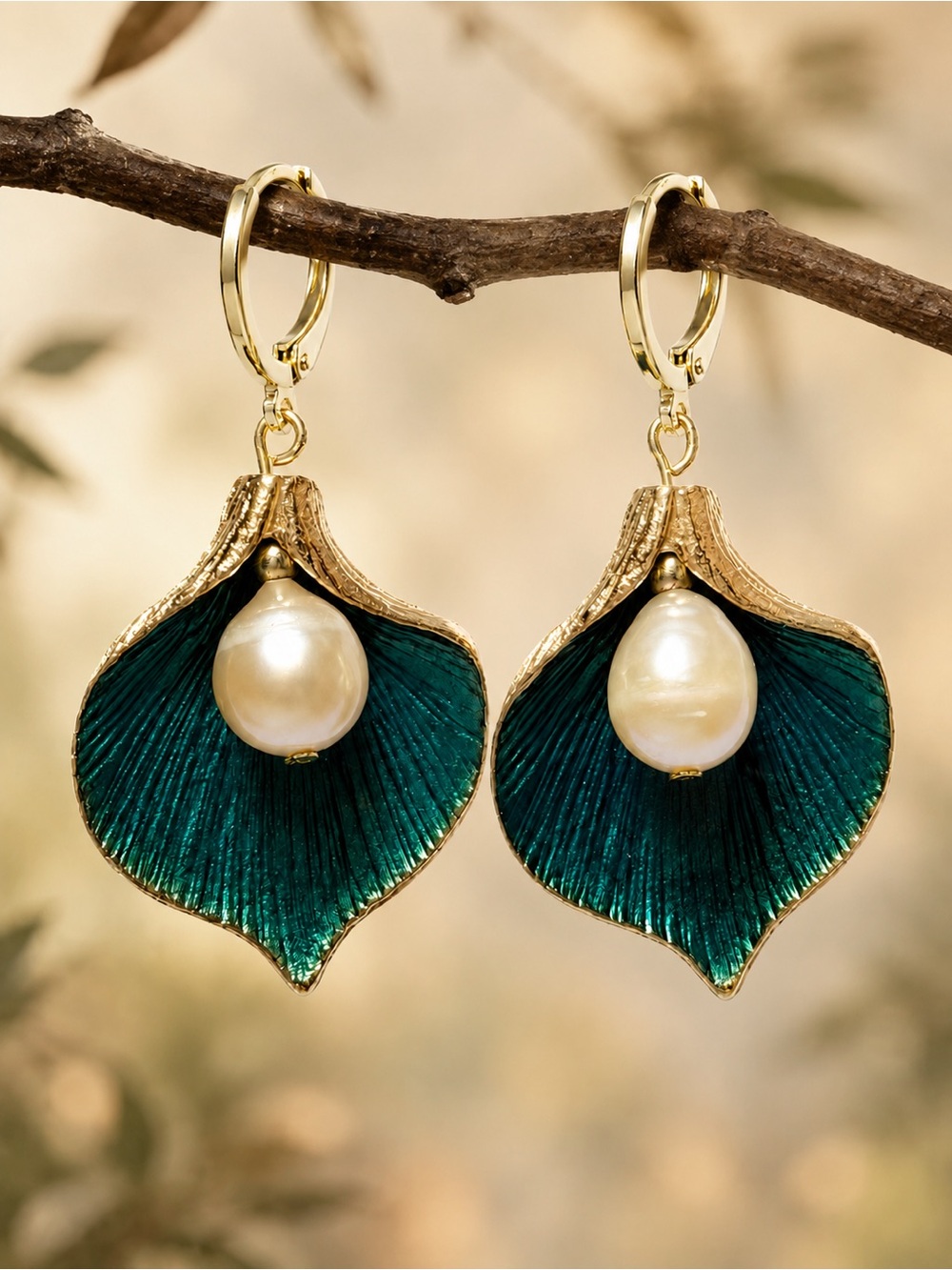Freshwater Pearl Green Enamel Botanical Earrings, Gold Tone Leverback